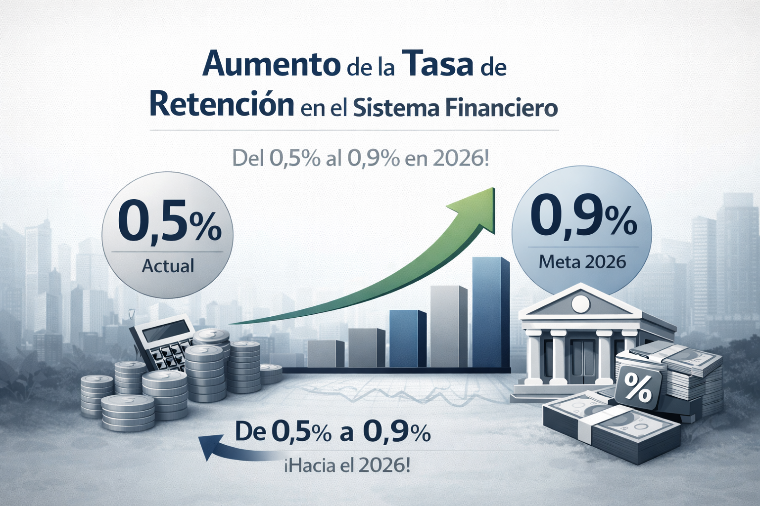 Infografía sobre el aumento de la tasa de retención en el sistema financiero mexicano del 0.5% al 0.9% en 2026, conforme al Artículo 24 de la LIF