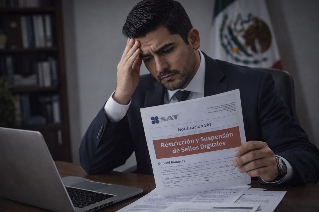 Empresario preocupado revisando notificaciones del SAT sobre sellos digitales y cumplimiento fiscal.