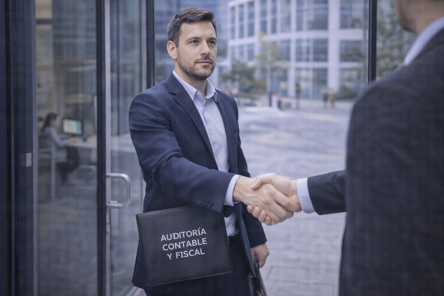 Auditores profesionales ingresando a una empresa para iniciar una auditoría contable y fiscal de cumplimiento.