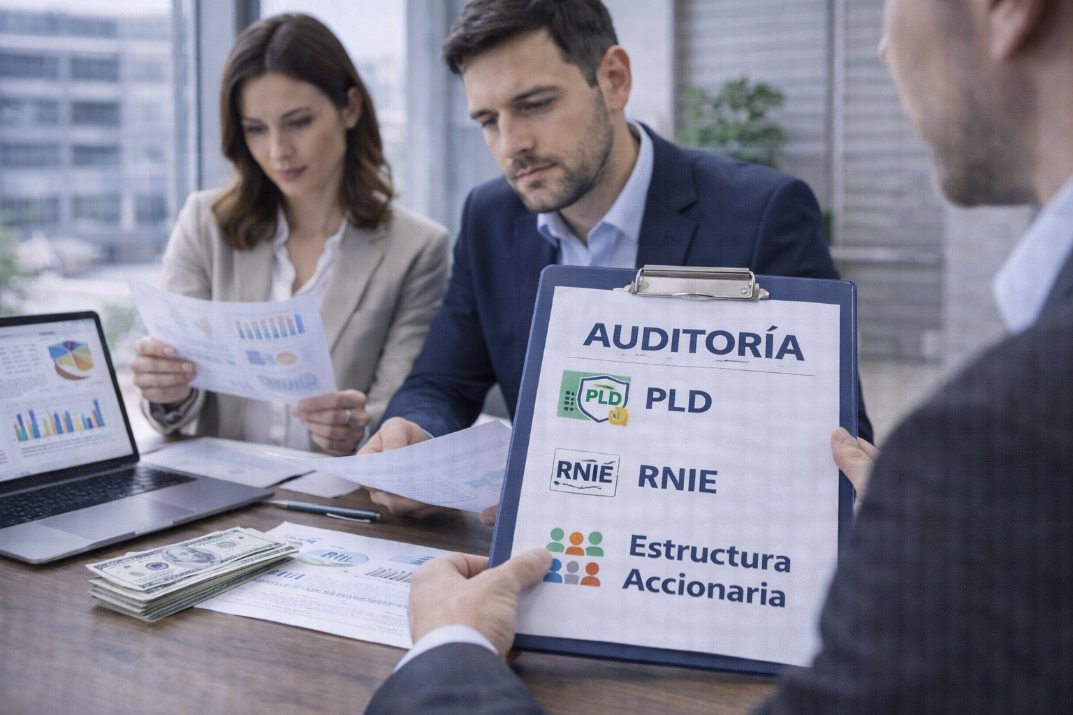 Revisión especializada de cumplimiento en PLD, RNIE y estructura accionaria durante una auditoría empresarial.