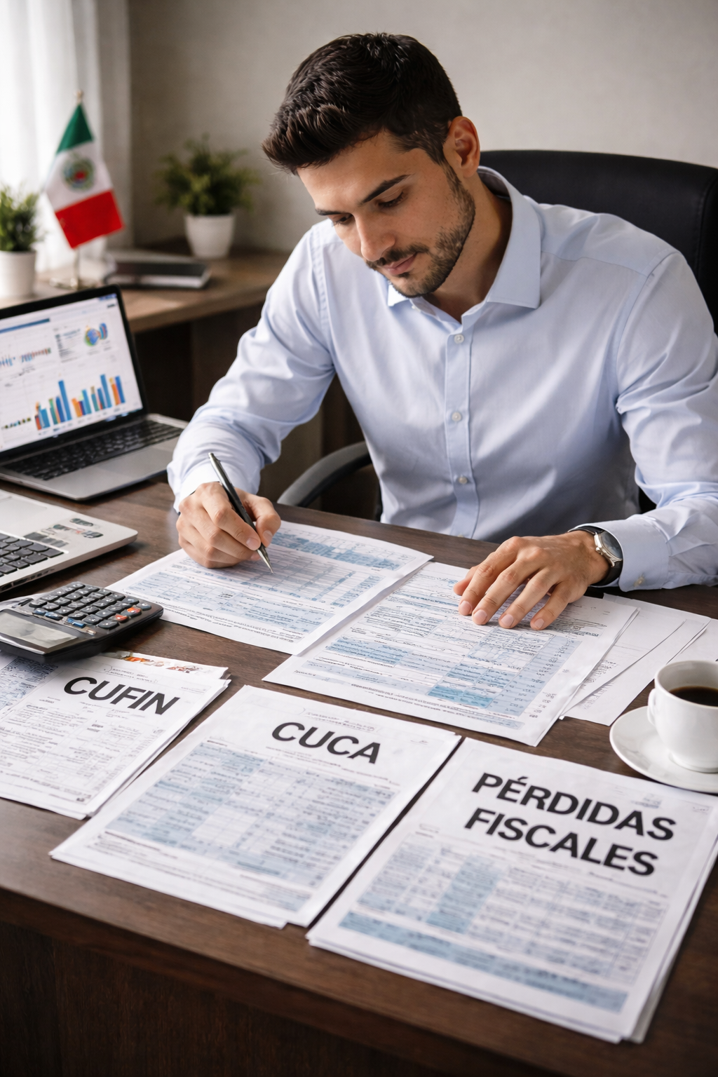 Analista fiscal revisando documentación de CUFIN, CUCA y pérdidas fiscales en proceso de análisis financiero.