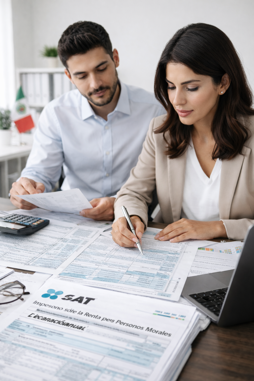 Escritorio con reportes contables, calculadora y gráficos financieros para el cálculo de impuestos anuales y mensuales de empresas.