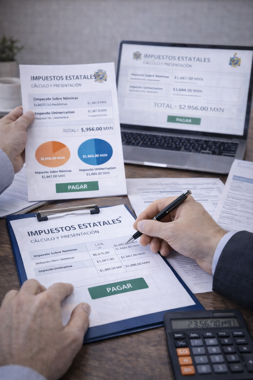 Equipo fiscal analizando información para el cálculo y presentación de impuestos estatales en México.