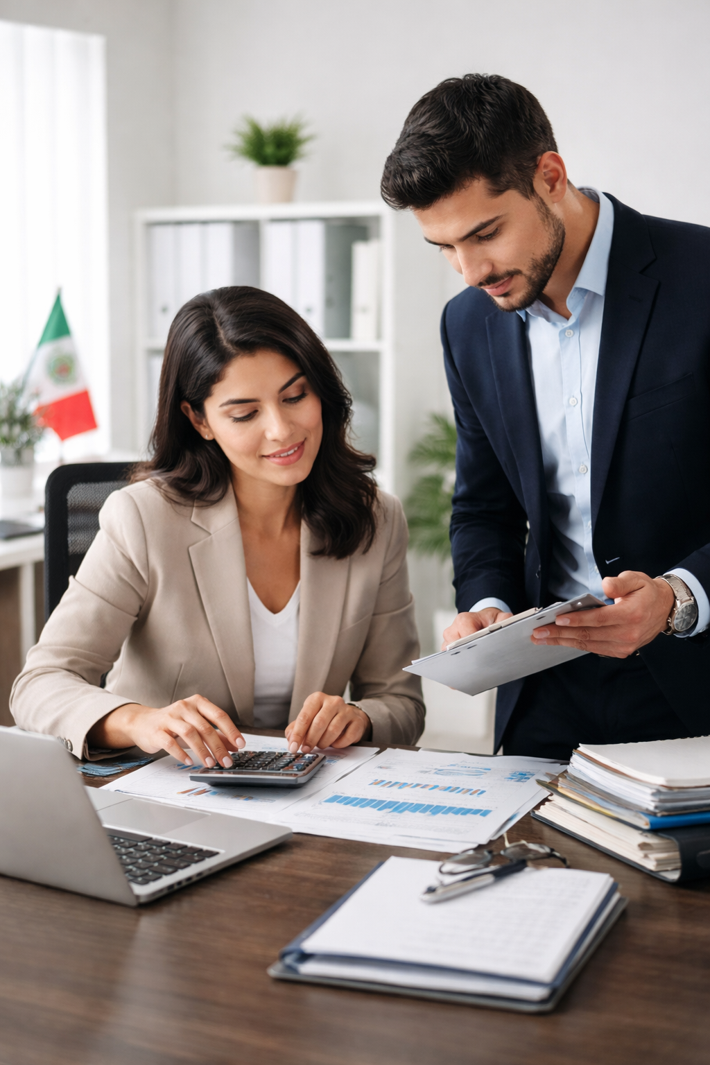 Profesional contable revisando estados financieros y reportes mensuales en oficina corporativa en México.