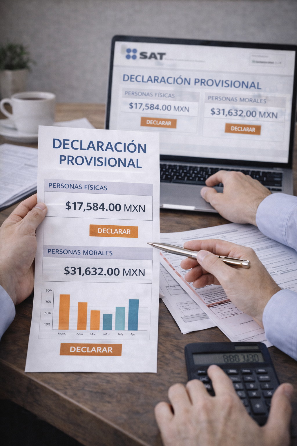 Consultor fiscal apoyando en la preparación y presentación de declaraciones provisionales ante el SAT.
