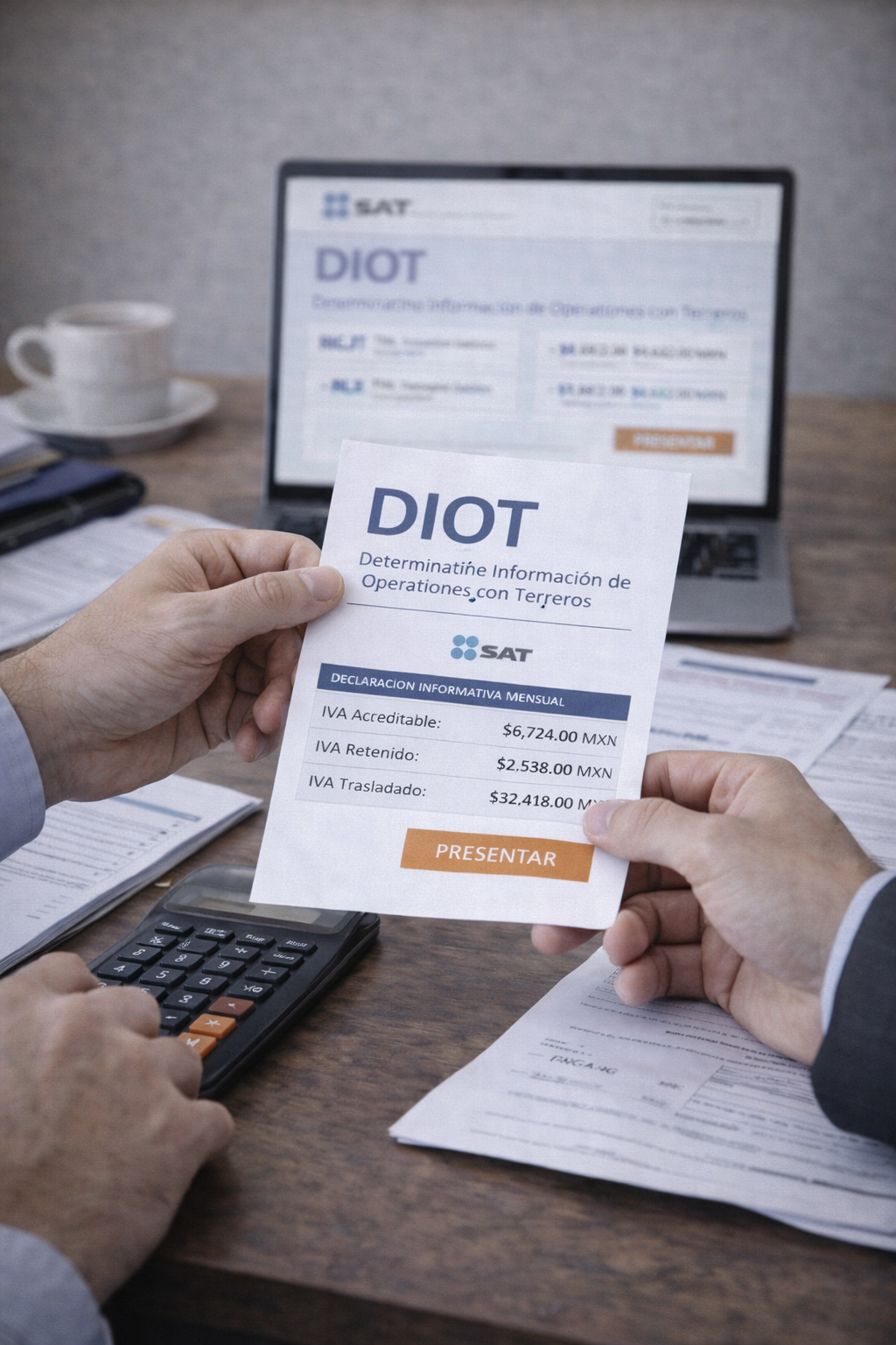 Dos profesionales intercambiando documentación fiscal para la determinación y presentación de la DIOT.