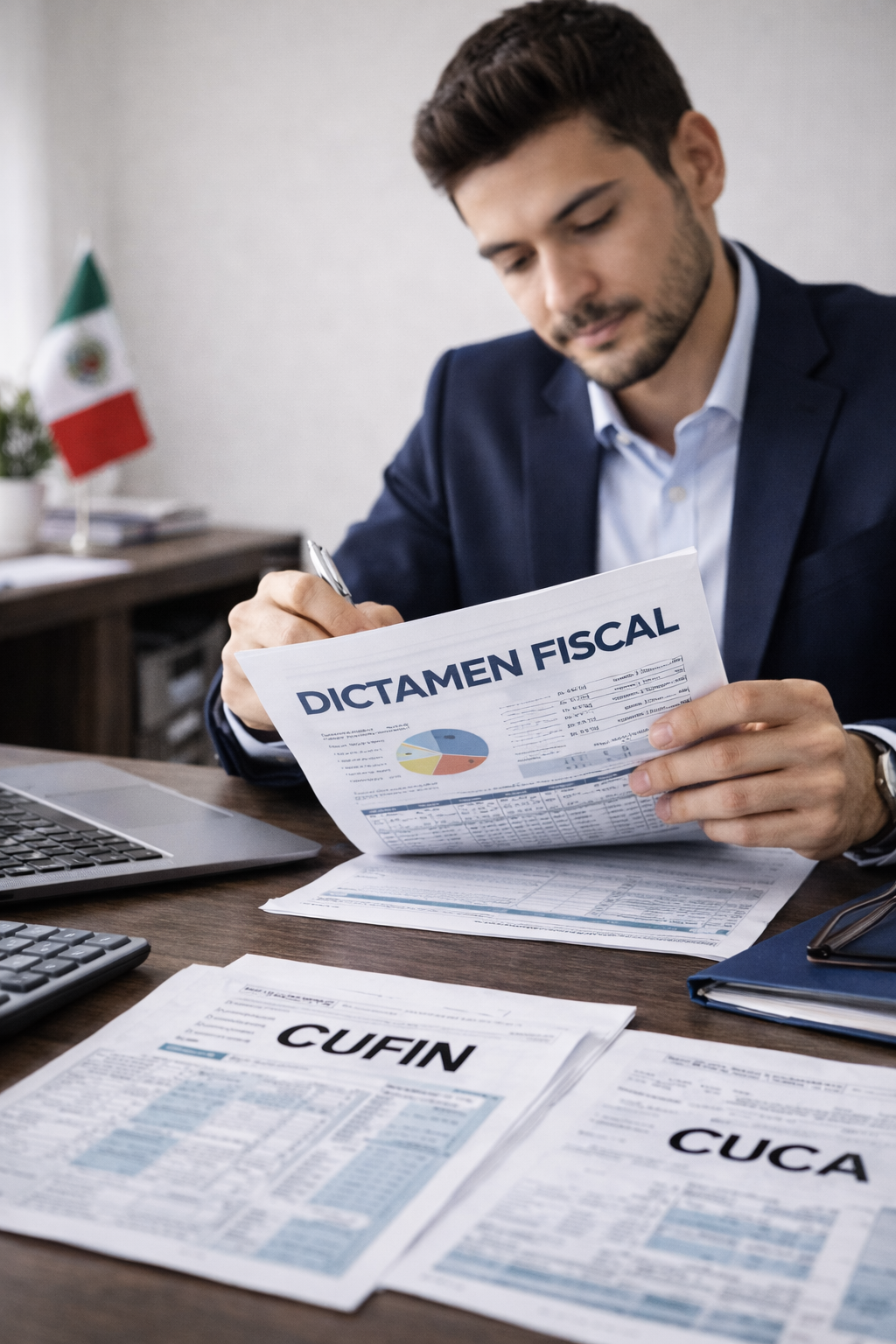 Contador público analizando dictamen fiscal con documentación contable y reportes financieros en entorno profesional.