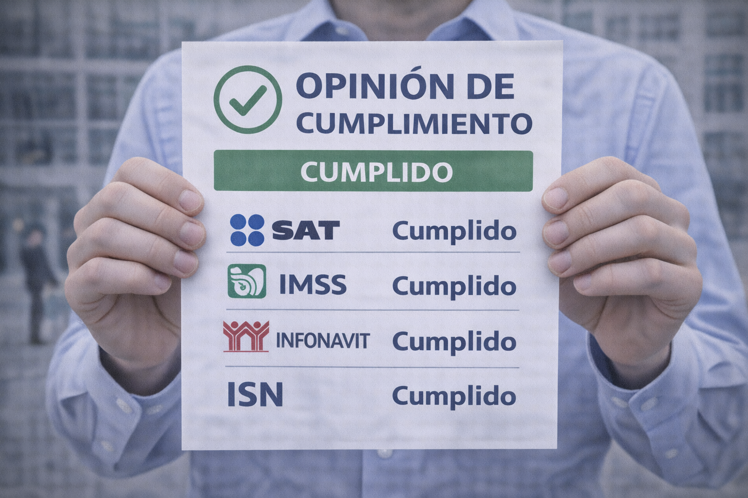 Opinión de cumplimiento fiscal positiva emitida por SAT, IMSS, Infonavit e ISN.