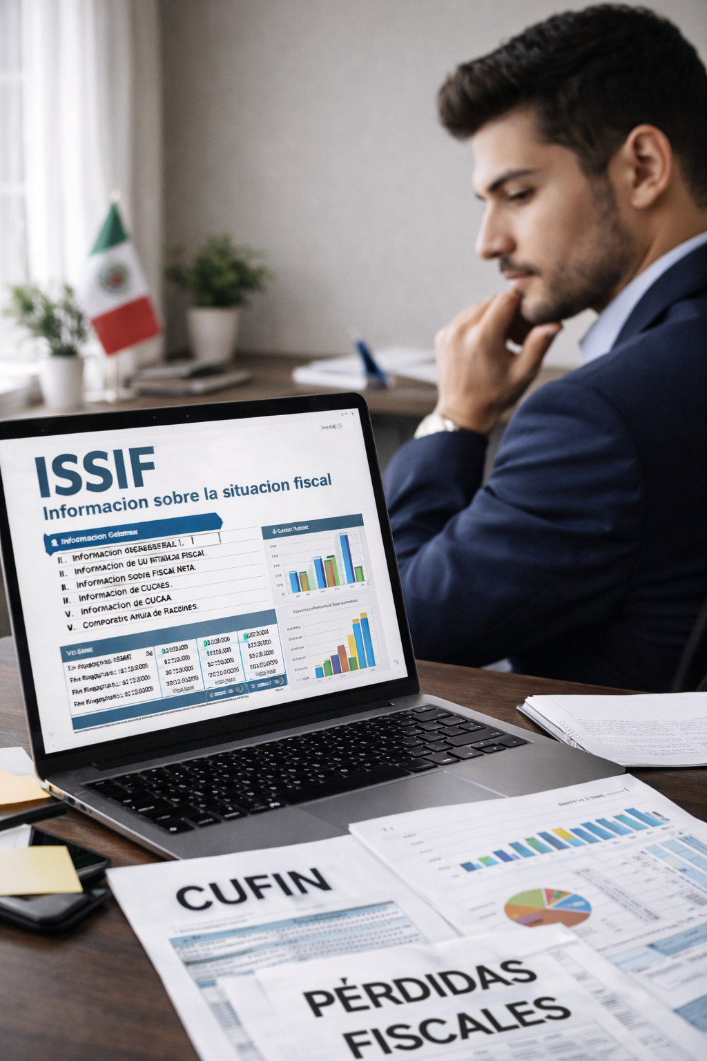 Profesional fiscal revisando el informe ISSIF en computadora portátil con gráficos financieros y reportes fiscales.