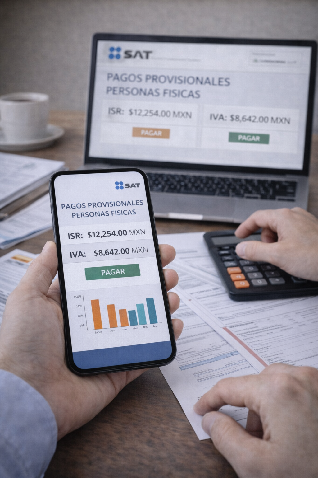 Persona física gestionando pagos provisionales de impuestos desde una plataforma digital en México.