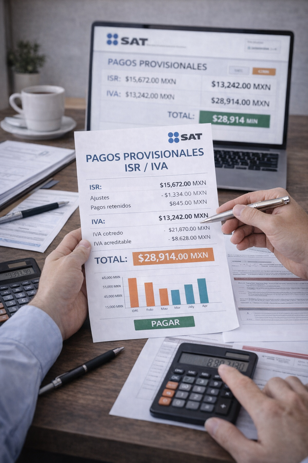 Asesor fiscal revisando pagos provisionales mensuales de ISR e IVA para empresas y personas físicas en México.