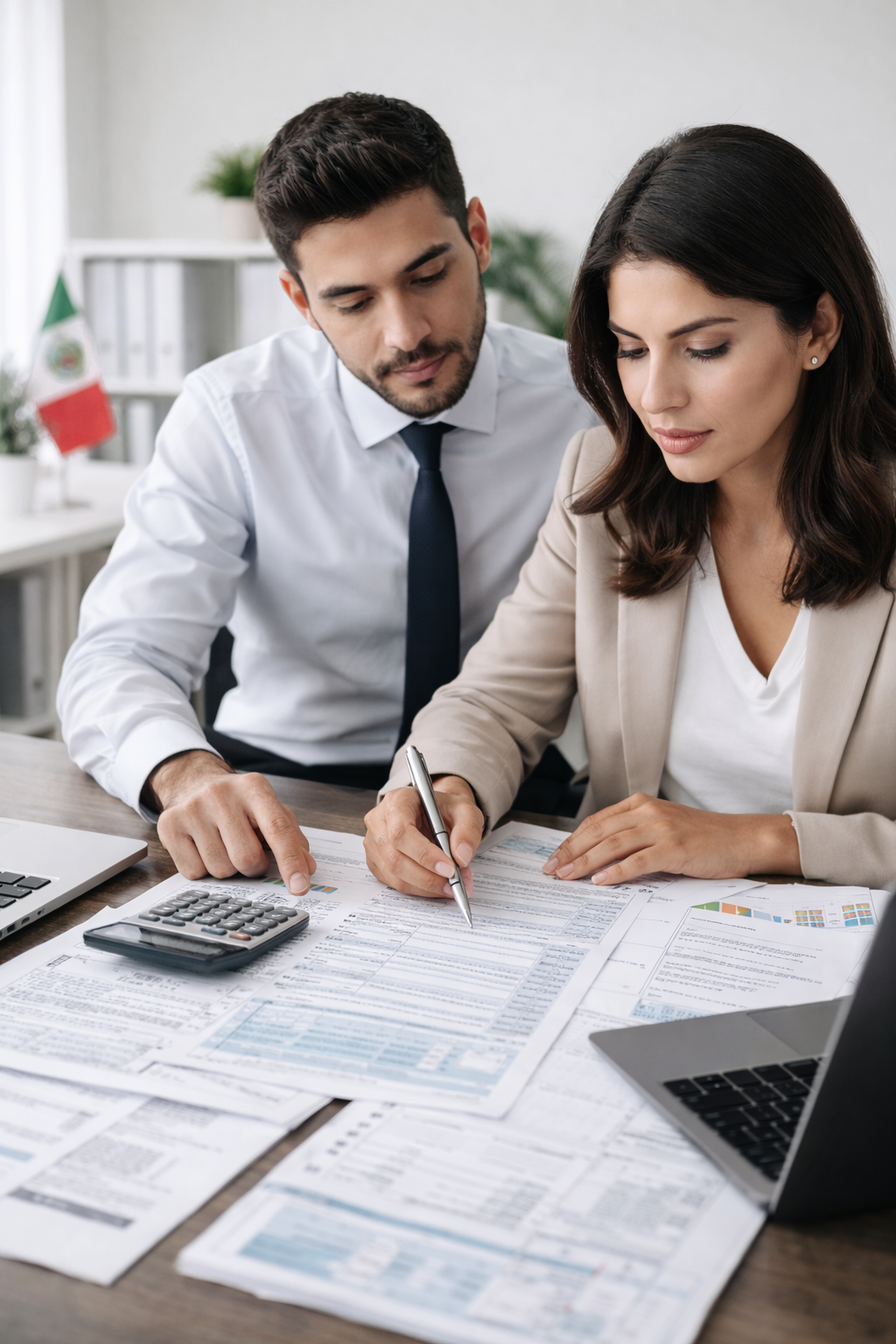 Especialista fiscal analizando documentos de provisión de impuestos y cierre fiscal en escritorio de trabajo profesional.