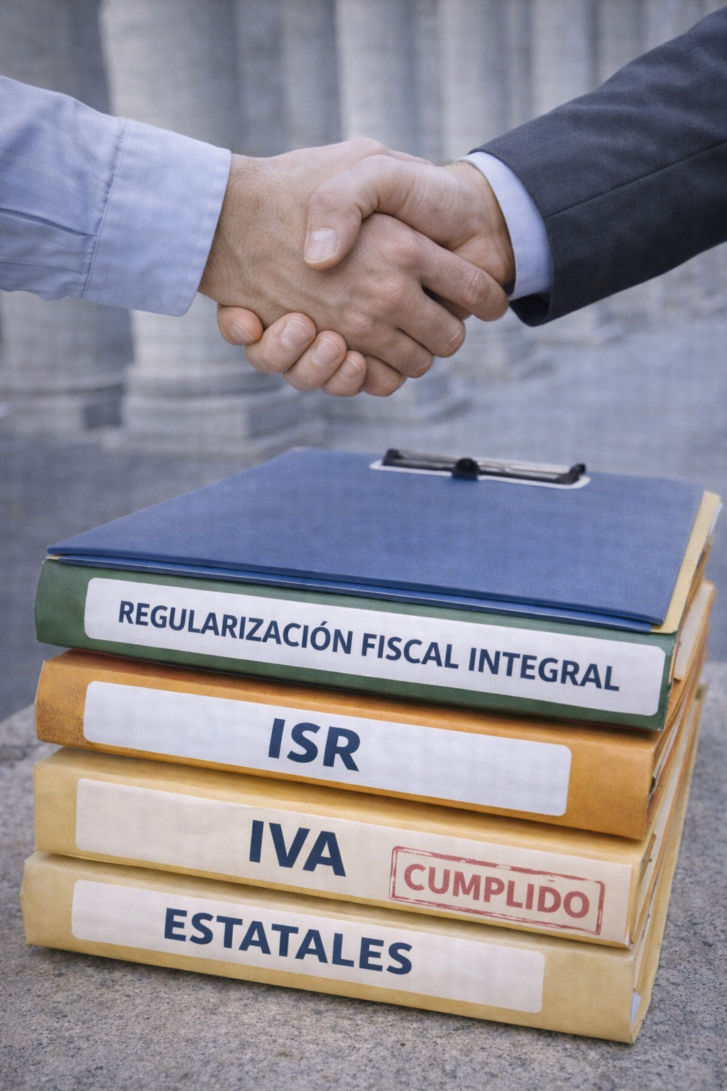 Asesores fiscales cerrando un proceso de regularización fiscal integral con un cliente en México.